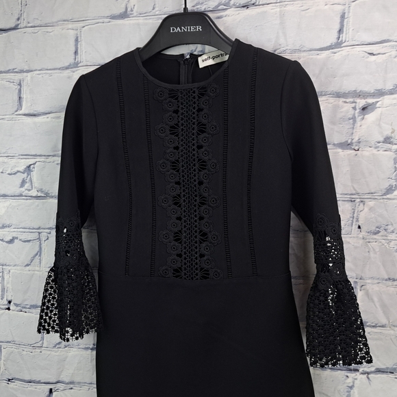 NWOT Self-Portrait Black Lace Bell Sleeve Mini Dress Size 4 US - Picture 5 of 12